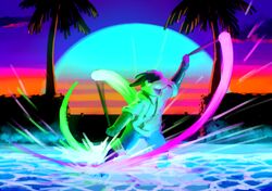  2018 anthro clothed clothing digital_drawing_(artwork) digital_media_(artwork) glowsticking glowstringing kaluphee kobold male neon open_mouth palm_tree plant poi sexotheque smile solo sun sunset swimming_pool tree 