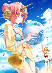  2girls :&lt; :d bad_id bad_pixiv_id ball bandaged_arm bandages bare_arms bare_legs bare_shoulders beach beachball bikini blonde_hair blue_bikini blue_eyes blush braid breasts cleavage cloud coconat_summer commentary_request day double_bun fate/grand_order fate_(series) frankenstein&#039;s_monster_(fate) frankenstein&#039;s_monster_(swimsuit_saber)_(fate) frankenstein&#039;s_monster_(swimsuit_saber)_(first_ascension)_(fate) green_eyes hair_bun hair_ornament hair_over_one_eye hair_scrunchie hairclip highres horns looking_at_viewer mechanical_horns medium_breasts mordred_(fate) mordred_(swimsuit_rider)_(fate) mordred_(swimsuit_rider)_(first_ascension)_(fate) multiple_girls navel open_mouth outdoors pink_hair ponytail red_bikini red_scrunchie scrunchie short_hair side-tie_bikini_bottom single_horn small_breasts smile swimsuit swimsuit_cover-up water 