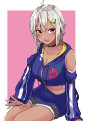  :d absurdres ahoge arm_support bare_shoulders black_choker blue_hoodie blush border breasts choker cleavage clothing_cutout commentary cutoffs dark-skinned_female dark_skin female floral_print food-themed_hair_ornament grey_hair hair_ornament hayama_marin hayama_marin_(1st_costume) hibiscus_print highres hood hood_down hoodie large_breasts lime_hair_ornament long_sleeves looking_at_viewer mole mole_under_eye navel nijisanji no_shirt oerba_yun_fang open_mouth pink_background red_eyes short_hair short_shorts shorts shoulder_cutout sitting sleeves_past_wrists smile solo stomach_cutout takuwanko thick_eyebrows virtual_youtuber white_border 