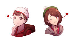  1boy bag blush brown_bag brown_eyes brown_hair commentary female gloria_(pokemon) green_headwear hat heart highres jacket long_sleeves looking_at_viewer medium_hair one_eye_closed pokemon pokemon_swsh portrait red_jacket short_hair simple_background smile victor_(pokemon) white_background white_headwear yumuto_(spring1786) 