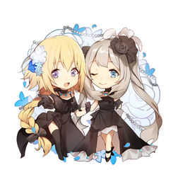  2girls :d ;) alternate_costume ankle_ribbon bare_legs bare_shoulders black_bow black_dress black_footwear black_gloves black_legwear black_ribbon blonde_hair blue_eyes bow braid chibi commentary dress fate/apocrypha fate/grand_order fate_(series) flower formal gloves grey_hair hair_flower hair_ornament hair_ribbon hand_on_another&#039;s_arm highres jeanne_d&#039;arc_(fate) jeanne_d&#039;arc_(formal_dress)_(fate) jewelry leg_ribbon long_hair looking_at_viewer marie_antoinette_(fate) marie_antoinette_(formal_dress)_(fate) multiple_girls neck_ribbon necklace no-kan off_shoulder official_alternate_costume one_eye_closed open_mouth outstretched_hand photoshop_(medium) purple_eyes reaching ribbon side_slit simple_background sleeveless sleeveless_dress smile symbol-only_commentary thighhighs twintails white_background zettai_ryouiki 