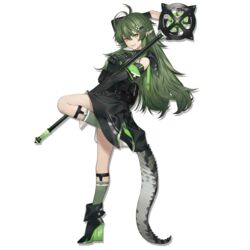  ankle_boots antenna_hair arknights arm_up armband black_dress black_footwear boots breasts collared_dress crocodile_girl crocodilian_tail detached_sleeves dress female full_body gavial_(arknights) green_hair green_socks green_tail grin hair_ornament hairclip high_collar high_heel_boots high_heels holding holding_staff hood hood_down hooded_jacket jacket kneehighs leg_up llc long_hair looking_at_viewer medium_breasts messy_hair official_art pointy_ears pouch ribbed_legwear sidelocks smile socks solo staff standing standing_on_one_leg tachi-e tail transparent_background yellow_eyes 