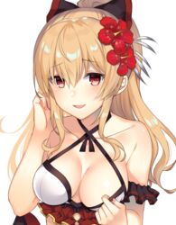  bare_shoulders bikini bikini_pull black_bow blonde_hair bow breasts cleavage clothes_pull collarbone commentary_request criss-cross_halter female flower granblue_fantasy hair_between_eyes hair_flower hair_ornament hairbow halterneck hand_up hibiscus long_hair looking_at_viewer medium_breasts official_alternate_costume parted_lips ponytail red_eyes red_flower sidelocks simple_background smile solo swimsuit upper_body vira_(granblue_fantasy) vira_(summer)_(granblue_fantasy) white_background white_bikini yuzuttan 