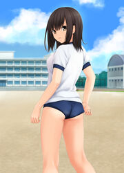  adjusting_buruma adjusting_clothes ass blue_buruma blue_sky blurry blurry_background blush breasts brown_eyes brown_hair building buruma closed_mouth cloud cloudy_sky commentary_request day depth_of_field female gym_shirt gym_uniform hair_between_eyes highres looking_at_viewer looking_back medium_hair nonaka_ritsu original outdoors puffy_short_sleeves puffy_sleeves shirt short_sleeves sidelocks sky small_breasts solo standing touka_(nonaka_ritsu) white_shirt 