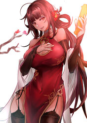  absurdres ahoge alternate_costume bare_shoulders black_thighhighs blunt_bangs blush breasts bridal_gauntlets brown_gloves brown_hair china_dress chinese_clothes cleavage cleavage_cutout clothing_cutout commentary cowboy_shot dress dsr-50_(girls&#039;_frontline) dsr-50_(red_peony)_(girls&#039;_frontline) female garter_straps girls&#039;_frontline gloves hair_ornament hand_on_own_chest highres jewelry large_breasts leichi6 long_hair looking_at_viewer official_alternate_costume panties parted_lips pelvic_curtain red_dress red_eyes side-tie_panties sidelocks simple_background sleeveless smile solo thighhighs underwear very_long_hair white_background 