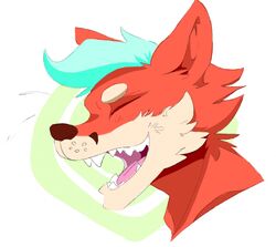  2019 ambiguous_gender canid canine closed_eyes fawkesdrox fox fur green_hair hair mammal open_mouth red_body red_fur simple_background smile solo teeth 