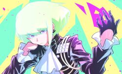  1boy absurdres ascot bad_id bad_pixiv_id black_gloves black_jacket buckle closed_mouth commentary earrings fire frilled_sleeves frills gloves green_hair half_gloves highres jacket jewelry jipponwazaari lio_fotia male_focus promare purple_eyes purple_fire pyrokinesis simple_background solo upper_body 