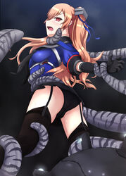  abyssal_ship ass black_gloves black_skirt black_thighhighs blue_shirt bondage bound bound_legs bound_wrists breasts brown_eyes commentary_request enemy_naval_mine_(kancolle) female from_below garter_straps gloves johnston_(kancolle) kantai_collection light_brown_hair long_hair medium_breasts miniskirt off_shoulder pleated_skirt restrained sailor_collar school_uniform shirt skirt solo tentacle thighhighs two_side_up yakuto007 