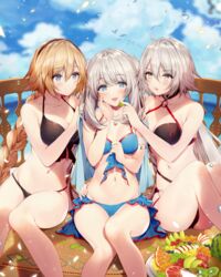  3girls :d ahoge ass bare_arms bare_legs bare_shoulders bikini black_bikini blonde_hair blue_eyes blue_sky braid breasts brown_eyes bubble cleavage closed_mouth cloud cloudy_sky collarbone commentary_request day fate/grand_order fate_(series) food front-tie_bikini_top front-tie_top fruit grey_hair groin hair_between_eyes hairband halterneck hand_on_own_cheek hand_on_own_face hand_up holding holding_food jeanne_d&#039;arc_(fate) jeanne_d&#039;arc_(swimsuit_archer)_(fate) jeanne_d&#039;arc_(swimsuit_archer)_(first_ascension)_(fate) jeanne_d&#039;arc_alter_(fate) jeanne_d&#039;arc_alter_(swimsuit_berserker)_(fate) jewelry large_breasts long_hair looking_at_viewer marie_antoinette_(fate) marie_antoinette_(swimsuit_caster)_(fate) marie_antoinette_(swimsuit_caster)_(third_ascension)_(fate) medium_breasts multiple_girls navel necklace necomi open_mouth outdoors parted_lips petals plate side-by-side single_braid sitting sky smile sparkle stomach swimsuit thighs twintails very_long_hair 