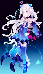  +_+ black_background blue_background blue_dress blue_eyes blue_sleeves blue_thighhighs breasts commentary_request crown demon_power_(elsword) demon_tail detached_sleeves dress elsword female floating_hair full_body gradient_background hair_between_eyes headgear highres long_hair long_sleeves luciela_r._sourcream mini_crown misusugi pointy_ears short_dress small_breasts solo strapless strapless_dress tail thighhighs very_long_hair white_hair wide_sleeves zettai_ryouiki 