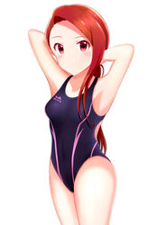  armpits bad_id bad_pixiv_id black_one-piece_swimsuit blush brown_hair closed_mouth collarbone competition_swimsuit covered_navel cowboy_shot female highres idolmaster idolmaster_(classic) long_hair looking_at_viewer minase_iori one-piece_swimsuit print_swimsuit red_eyes runmo77 simple_background solo standing swimsuit tying_hair very_long_hair white_background 