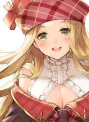  :d bad_id bad_pixiv_id bare_shoulders blonde_hair blush breasts cleavage cleavage_cutout clothing_cutout commentary_request diola_(granblue_fantasy) female frilled_shirt frills granblue_fantasy green_eyes has_bad_revision hat hat_ribbon koretsuki_azuma large_breasts long_hair looking_at_viewer md5_mismatch off_shoulder open_mouth pink_ribbon red_hat ribbon shirt simple_background smile solo upper_body white_background white_shirt 