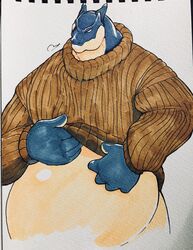  2019 96_gatefield anthro belly big_belly blue_body blue_scales clothed clothing clothing_lift dragon hi_res horn male mythological_creature mythological_scalie mythology overweight overweight_anthro overweight_male scales scalie shirt shirt_lift solo sweater sweater_lift topwear traditional_media_(artwork) turtleneck 