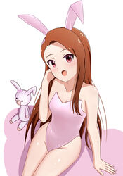  animal_ears arm_support bad_id bad_pixiv_id bare_legs black_hairband blush breasts brown_hair cleavage collarbone fake_animal_ears female hairband head_tilt highleg highleg_leotard highres idolmaster idolmaster_(classic) leotard long_hair minase_iori open_mouth pink_leotard playboy_bunny rabbit_ears red_eyes runmo77 shiny_skin simple_background sitting small_breasts solo strapless strapless_leotard stuffed_animal stuffed_toy very_long_hair white_background 