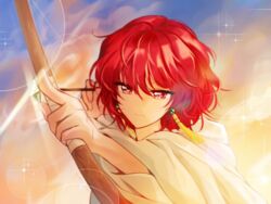  akatsuki_no_yona arrow_(projectile) bow_(weapon) closed_mouth commentary_request earrings female hair_between_eyes holding holding_arrow holding_bow_(weapon) holding_weapon jewelry lens_flare megaheng red_eyes red_hair short_hair solo sparkle upper_body weapon yona_(akatsuki_no_yona) 