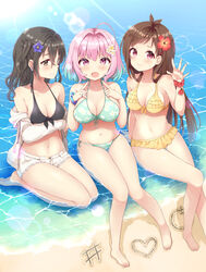  #unicus_(idolmaster) 3girls ahoge apple aqua_bikini arm_support arm_under_breasts bangle bare_shoulders barefoot beach bellflower bikini bikini_under_clothes black_bikini black_hair blue_flower blush bracelet breasts brown_hair chinese_bellflower cleavage closed_mouth collarbone commentary_request crossed_bangs day drawstring floral_print flower food frilled_bikini frills front-tie_bikini_top front-tie_top fruit full_body grey_eyes groin hair_between_eyes hair_flower hair_intakes hair_ornament hairclip heart hibiscus highres hood hoodie idolmaster idolmaster_cinderella_girls jewelry knee_up knees_together_feet_apart large_breasts lens_flare lips looking_at_another looking_at_viewer multicolored_hair multiple_girls navel number_sign ocean oerba_yun_fang off_shoulder open_fly open_mouth outdoors pink_eyes pink_hair plumeria pointing pointing_at_self purple_eyes red_flower red_scrunchie ring sand sand_art scrunchie sharp_teeth shiny_skin short_shorts shorts side-tie_bikini_bottom sitting skin_fang sun sunazuka_akira sunlight swept_bangs swimsuit teeth thighs tongue tsujino_akari two-tone_hair wariza water wet wet_hair white_hoodie white_shorts wrist_scrunchie yellow_bikini yellow_flower yoshikita_popuri yumemi_riamu 