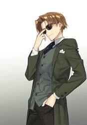  1boy absurdres adjusting_eyewear black_pants brown_hair closed_mouth commentary_request cowboy_shot fate/grand_order fate_(series) green_jacket grey_background hair_intakes hand_in_pocket highres ikezawa_shin jacket koha-ace male_focus maxwell&#039;s_demon_(fate) pants pinstripe_pattern simple_background solo striped sunglasses 