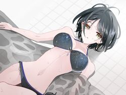  :0 antenna_hair bangs bare_arms bikini black_bikini black_hair blonde_hair blue_bikini breasts cleavage collarbone earrings female floral_print from_above hair_between_eyes hayami_kanade idolmaster idolmaster_cinderella_girls jewelry layered_bikini looking_at_viewer lying medium_breasts navel open_mouth short_hair side-tie_bikini sweat swimsuit tiles underboob vader_(n.r.t.a.) wet 