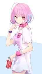  absurdres ahoge bad_id bad_pixiv_id blue_background blue_hair blush breasts cola collar collarbone commentary_request earrings female from_side fusuma_(ramunezake) hair_intakes heart heart_on_chest highres idolmaster idolmaster_cinderella_girls jewelry large_breasts looking_at_viewer multicolored_hair parted_lips pill_earrings pink_eyes pink_hair shirt short_hair short_sleeves solo t-shirt two-tone_background two-tone_hair white_background wrist_cuffs yumemi_riamu 