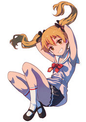  absurdres armpits arms_behind_head arms_up bare_arms bare_shoulders black_bow black_footwear black_ribbon black_skirt blonde_hair blush bow brown_eyes commentary female grin hair_between_eyes hair_ribbon hairbow highres hikaru_(houkago_no_pleiades) houkago_no_pleiades mary_janes nyama orange_eyes orange_hair pentagram pink_shirt pleated_skirt red_bow red_ribbon ribbon school_uniform serafuku shirt shoes simple_background single_stripe skirt sleeveless sleeveless_shirt smile socks solo thick_eyebrows twintails white_background white_socks 