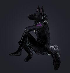  2016 arm_on_leg black_background black_body black_fur black_nose canid canine canis dog_tags domestic_dog duke_(dedarii) fur german_shepherd herding_dog legs_up looking_away male mammal markings pastoral_dog plantigrade purple_markings saltwaterhermit signature simple_background sitting solo yellow_eyes 