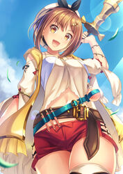  :d atelier_(series) atelier_ryza atelier_ryza_1 belt belt_skirt blouse breasts brown_eyes brown_hair cloud commentary_request cowboy_shot day female flask from_below grass head_tilt highres holding holding_staff large_breasts lens_flare light_rays looking_at_viewer luupechi navel open_mouth outdoors red_shorts reisalin_stout shirt short_hair short_shorts shorts skindentation sky smile solo staff standing sunbeam sunlight thighhighs vial white_headwear white_shirt 