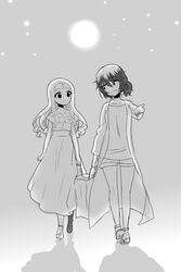  2girls alternate_hairstyle andou_(girls_und_panzer) bad_id bad_pixiv_id bare_shoulders carrying carrying_bag collarbone dark-skinned_female dark_skin dress drill_hair girls_und_panzer greyscale jewelry kumasawa_(dkdkr) long_hair looking_at_another marie_(girls_und_panzer) medium_hair messy_hair monochrome multiple_girls necklace open_mouth pointing ponytail shorts slippers smile thighs tied_hair walking 