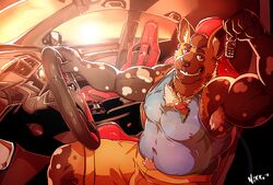  2019 african_wild_dog anthro armpit_hair black_nose body_hair bottomwear brown_body brown_eyes brown_fur canid canine captain_nikko car car_interior chains chest_hair civic_type_r clothed clothing darius_davis detailed_background digital_media_(artwork) eyebrows frohawk front_view fully_clothed fur gold_(metal) gold_chain grin hair hi_res holding_object honda honda_civic inside_car jewelry light looking_at_viewer male mammal multicolored_body multicolored_fur musclegut muscular muscular_anthro muscular_male necklace nipples outside pubes seats shirt shorts signature smile snout solo spots steering_wheel sun sunlight tank_top topwear translucent translucent_clothing vehicle 