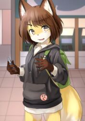  2019 anthro backpack blush breasts brown_body brown_ears brown_fur canid canine chest_tuft clothed clothing female fluffy fluffy_tail fox fur hair hi_res holding_object japanese kagarimachi_ame kemono looking_at_viewer mammal multicolored_body multicolored_fur open_mouth portrait short_hair small_breasts solo standing sweater tail tan_body tan_fur tan_tail three-quarter_portrait topwear tuft two_tone_tail white_body white_fur white_tail young young_anthro 