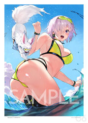  :d artist_name ass bare_shoulders bikini blue_sky blush breasts choker cloud cowboy_shot creature day fate/grand_order fate_(series) female fou_(fate) goggles goggles_on_head green_bikini green_choker hair_over_one_eye jagayamatarawo large_breasts looking_at_viewer mash_kyrielight mash_kyrielight_(dive_to_blue) multi-strapped_bikini ocean official_alternate_costume open_mouth outdoors photoshop_(medium) purple_eyes purple_hair short_hair skindentation sky smile solo splashing swimsuit twisted_torso wading water_drop wet wristband 