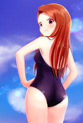  ass back bad_id bad_pixiv_id blue_one-piece_swimsuit blue_sky blurry blurry_background blush breasts brown_hair clenched_teeth cloud competition_school_swimsuit cowboy_shot day depth_of_field female from_behind hands_on_own_hips highres idolmaster idolmaster_(classic) legs_together lens_flare light_particles long_hair looking_at_viewer looking_back minase_iori one-piece_swimsuit outdoors red_eyes runmo77 school_swimsuit scowl shiny_clothes sky small_breasts solo standing straight_hair swept_bangs swimsuit teeth thighs v-shaped_eyebrows very_long_hair 