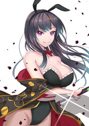  animal_ears black_baccara_(flower_knight_girl) black_hair black_hairband black_leotard bow bowtie breasts cleavage closed_mouth collarbone commentary_request cowboy_shot fake_animal_ears female floating_hair flower_knight_girl frilled_leotard frills groin hairband holding holding_sheath holding_sword holding_weapon katana kusumoto_miya large_breasts leotard long_hair looking_at_viewer neck_ribbon petals playboy_bunny purple_eyes rabbit_ears red_bow red_bowtie red_ribbon ribbon sheath shiny_skin showgirl_skirt smile solo sparkle standing striped_clothes striped_leotard sword unsheathing very_long_hair weapon white_background 