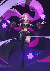  :o belt black_cape black_footwear boots breasts broken broken_chain cape chains cleavage commentary_request crop_top dated dayfuture detached_sleeves earrings female forever_7th_capital full_body gradient_background hair_ribbon highres jewelry long_hair lulu_(forever_7th_capital) magical_girl midriff navel photoshop_(medium) purple_background purple_cape purple_hair ribbon short_shorts shorts sidelocks solo suspender_shorts suspenders thigh_boots thighhighs tress_ribbon twintails very_long_hair 