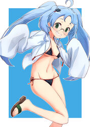  absurdres ahoge bikini black_bikini blue_background blue_hair blue_jacket blush breasts brown_footwear collarbone commentary female glasses green_eyes grin groin hair_ornament hairclip hands_up highres hiraga_gennai_(sengoku_collection) hood hood_down hooded_jacket jacket long_hair long_sleeves medium_breasts navel nyama open_clothes open_jacket outline sandals sengoku_collection sleeves_past_fingers sleeves_past_wrists smile solo standing standing_on_one_leg swimsuit twintails two-tone_background very_long_hair white_background white_outline 