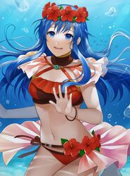  bad_id bad_twitter_id bikini blue_eyes blue_hair blush canvas_(object) female fire_emblem fire_emblem:_the_binding_blade fire_emblem_heroes flower hair_between_eyes hair_flower hair_ornament highres kyufe lilina_(fire_emblem) lilina_(summer)_(fire_emblem) long_hair looking_at_viewer navel simple_background smile solo swimsuit underwater water 