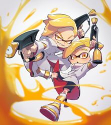  2boys black_shorts blurry blurry_foreground boots coat commentary depth_of_field dual_wielding emperor_(splatoon) half-closed_eyes holding inkling inkling_boy inkling_player_character jumping long_sleeves looking_at_viewer male_focus multiple_boys open_mouth orange_eyes orange_hair pointy_ears prince_(splatoon) shorts smirk splat_dualies_(splatoon) splatoon_(manga) splatoon_(series) tentacle_hair ukata uniform v-shaped_eyebrows white_coat white_footwear 