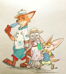  2019 aloha_shirt anthro barefoot bottomwear canid canine closed_eyes clothed clothing disney dress eyewear feet female fennec_fox finnick_(zootopia) food footwear fox fur group hat headgear headwear holding_object judy_hopps lagomorph leporid licking male mammal mortic_ox nick_wilde open_mouth open_smile orange_body orange_fur pattern_clothing pattern_shirt pattern_topwear popsicle rabbit red_fox sandals sea_salt_ice_cream shirt shorts simple_background size_difference smile summer sunglasses tongue tongue_out topwear true_fox walking zootopia 