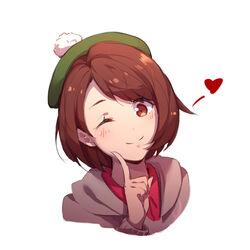  blush brown_eyes brown_hair commentary female gloria_(pokemon) green_hat hat heart jacket long_sleeves looking_at_viewer medium_hair one_eye_closed pokemon pokemon_swsh portrait simple_background smile solo white_background yumuto_(spring1786) 