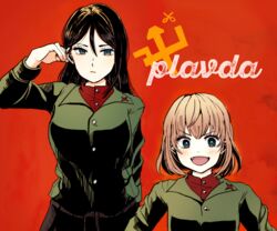  2girls adjusting_hair arai_ako black_hair blonde_hair blue_eyes blush bright_pupils closed_mouth commentary emblem fangs frown girls_und_panzer green_jacket hand_in_own_hair highres insignia jacket katyusha_(girls_und_panzer) light_blush long_hair long_sleeves looking_at_viewer multiple_girls nonna_(girls_und_panzer) open_mouth pravda_(emblem) pravda_school_uniform red_background red_shirt school_uniform shirt short_hair simple_background skirt smile standing tongue turtleneck v-shaped_eyebrows white_pupils 