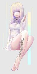  absurdres arm_support bad_id bad_pixiv_id barefoot bra bra_visible_through_clothes breasts candy choker commentary diamond_ring feet female food full_body grey_background highres holding holding_food huyou_(awegk) jewelry knees_up leg_tattoo lollipop long_hair long_sleeves looking_at_viewer medium_breasts nail_polish necklace original parted_lips purple_eyes purple_nails shirt sidelocks simple_background sitting skirt solo symbol-only_commentary tattoo thighs toenail_polish toenails underwear white_bra white_choker white_hair white_shirt white_skirt 