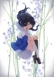  abstract_background absurdres ahoge asymmetrical_legwear bandage_on_knee bandaid bandaid_on_leg black_footwear black_hair black_socks blue_cardigan blue_eyes bow bowtie cardigan character_name commentary_request dated female floating floral_background full_body grey_skirt happy_birthday highres izumo_kasumi_(nijisanji) kneehighs long_hair long_sleeves mismatched_legwear mole mole_on_neck mole_under_mouth nijisanji off_shoulder open_cardigan open_clothes pleated_skirt sailor_collar school_uniform serafuku skirt sleeves_past_wrists socks solo striped_bow striped_bowtie striped_clothes submerged usuke_(u_skeeep) vignetting virtual_youtuber white_background white_socks 