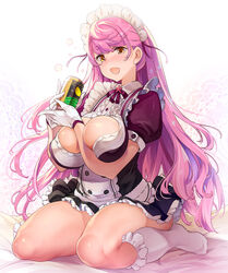  :d aizono_manami aizono_manami_(1st_costume) between_breasts blush breasts can commentary_request female gloves heart heart-shaped_pupils highres hikimayu kneehighs large_breasts long_hair looking_at_viewer maid maid_headdress miniskirt nijisanji open_mouth photoshop_(medium) pink_hair seiza sitting skirt smile socks solo symbol-shaped_pupils thick_thighs thighs thomasz very_long_hair virtual_youtuber white_gloves white_socks yellow_eyes 