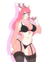  2019 anthro black_bra black_clothing black_panties black_underwear bow_bra bow_panties bow_underwear bra breasts canid canine clothed clothing dated deer digital_media_(artwork) female frilly frilly_bra frilly_clothing frilly_panties frilly_underwear garter_straps hybrid kitsunewaffles-chan lingerie looking_at_viewer mammal panties shaded smile solo standing tongue tongue_out underwear underwear_only wide_hips 