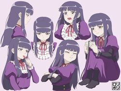  black_hair blush candy closed_eyes commentary controller crossed_arms crying dress eating female food frills frown game_controller high_score_girl highres hime_cut holding holding_candy holding_food jamrolypoly juliet_sleeves lollipop long_hair long_sleeves looking_at_viewer multiple_views oono_akira open_mouth puffy_sleeves purple_background purple_dress red_ribbon ribbon sidelocks simple_background sitting smile standing wrist_cuffs 