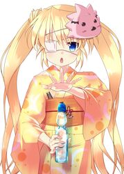  :o blonde_hair blue_eyes bottle character_mask chibi-moth commentary_request cowboy_shot eyepatch female hair_between_eyes hand_up highres holding holding_bottle japanese_clothes kimono long_hair long_sleeves looking_at_viewer mask mask_on_head nakatsu_shizuru one_eye_covered open_hand open_mouth orange_kimono print_kimono ramune rewrite simple_background solo standing straight-on tagame_(tagamecat) twintails v-shaped_eyebrows very_long_hair white_background wide_sleeves yellow_kimono yukata 