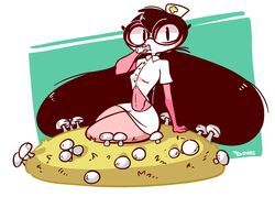  2019 anthro biped black_hair blouse bottomwear breasts clothing digital_media_(artwork) diives eating eyelashes eyewear female food fungus glasses gu_(diives) hair holding_food holding_object looking_at_viewer mushroom non-mammal_breasts nurse pink_body pink_scales pupils reptile scales scalie signature sitting skirt slit_pupils small_breasts snake solo thick_thighs topwear xingzuo_temple 