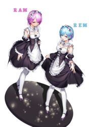  2girls blue_eyes blue_hair breasts character_name cleavage commentary detached_sleeves dress frills full_body hair_ornament hair_over_one_eye hair_ribbon highres large_breasts looking_at_viewer maid maid_headdress medium_breasts multiple_girls open_mouth pantyhose pink_eyes pink_hair pink_ribbon prothymos ram_(re:zero) re:zero_kara_hajimeru_isekai_seikatsu red_eyes red_ribbon rem_(re:zero) ribbon roswaal_mansion_maid_uniform short_hair siblings simple_background sisters skirt_hold smile twins white_background white_legwear x_hair_ornament 