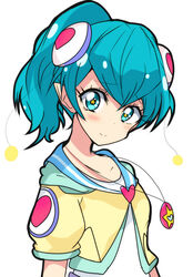  blue_eyes blue_hair blush closed_mouth collarbone commentary_request female hagoromo_lala hair_between_eyes hair_ornament haru_(nature_life) high_ponytail jacket jewelry looking_at_viewer necklace ponytail precure puffy_short_sleeves puffy_sleeves shirt short_sleeves simple_background smile solo star-shaped_pupils star_(symbol) star_twinkle_precure symbol-shaped_pupils upper_body white_background white_shirt yellow_jacket 