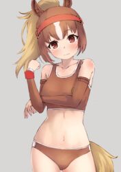  absurdres animal_ear_fluff animal_ears bad_id bad_pixiv_id bare_shoulders blonde_hair bridle brown_buruma brown_eyes brown_hair brown_sports_bra buruma chestnut_thoroughbred_(kemono_friends) collarbone commentary cowboy_shot deku_suke detached_sleeves extra_ears female grey_background head_tilt highres horse_ears horse_girl horse_tail japan_racing_association kemono_friends long_hair looking_at_viewer midriff multicolored_hair navel ponytail simple_background solo sports_bra sportswear tail white_hair wristband 