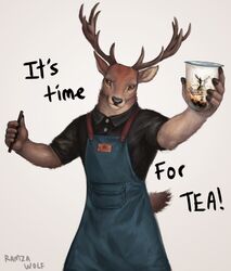  anthro antlers apron beverage brown_body brown_fur bubble_tea clothed clothing deer fur hi_res horn male mammal ramzawolf simple_background solo the_alley uniform 